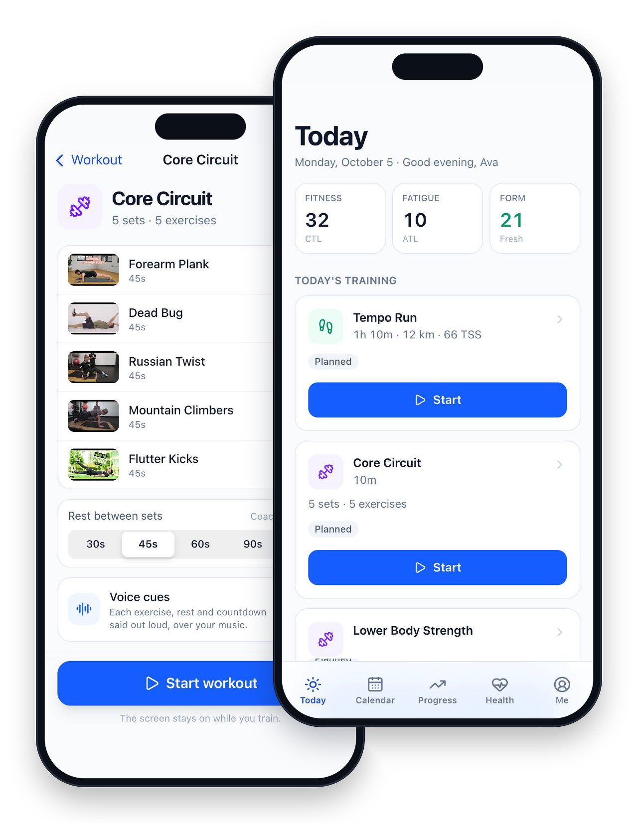 Two phones running HQ: today’s sessions with fitness, fatigue and form, and a core circuit ready to start with exercise videos and voice cues