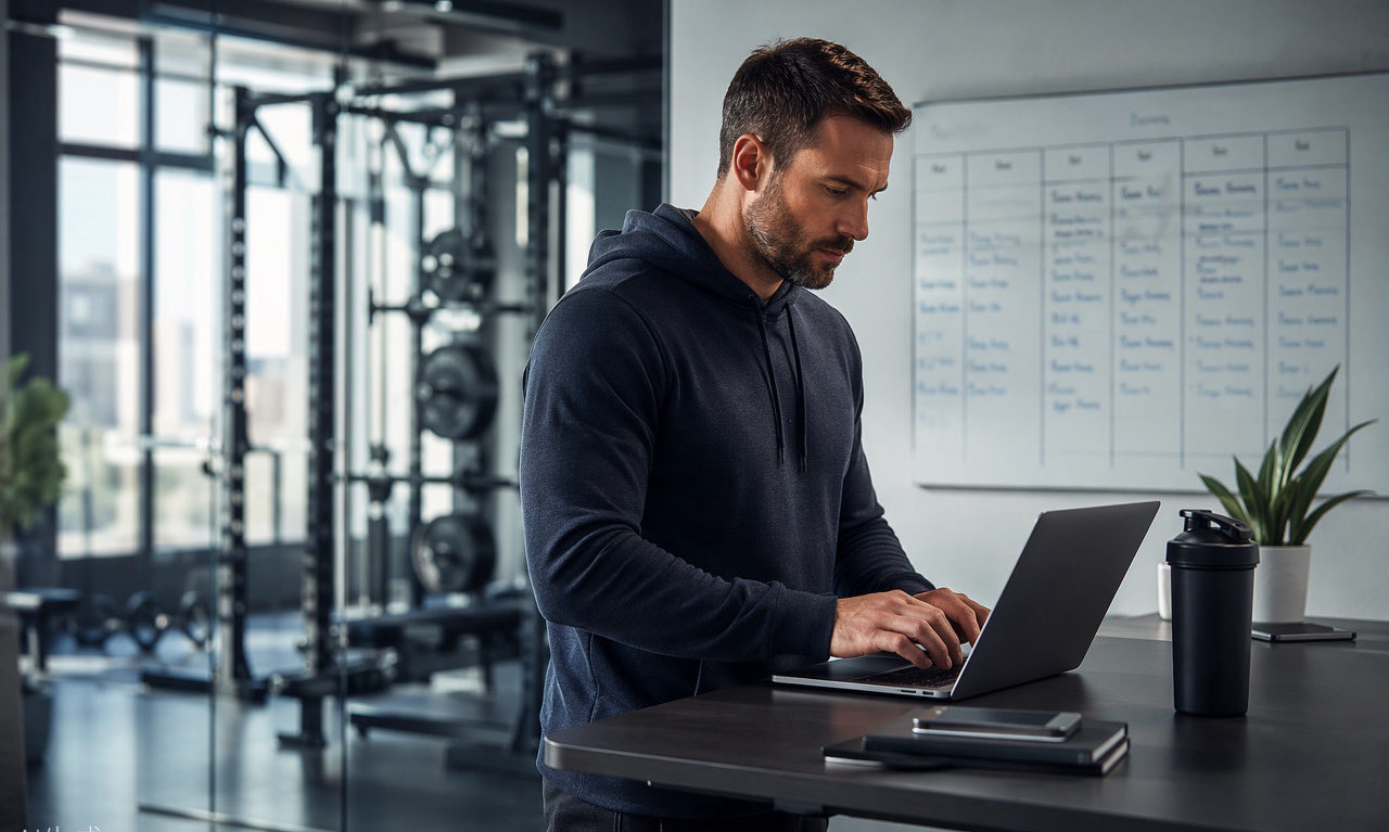 Coach writing a training program on a laptop