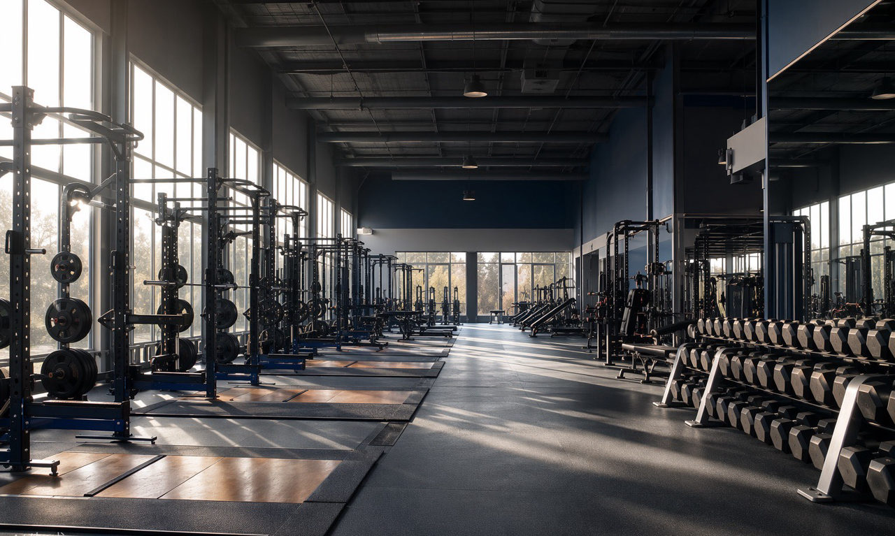 Open gym floor with racks and platforms before morning classes