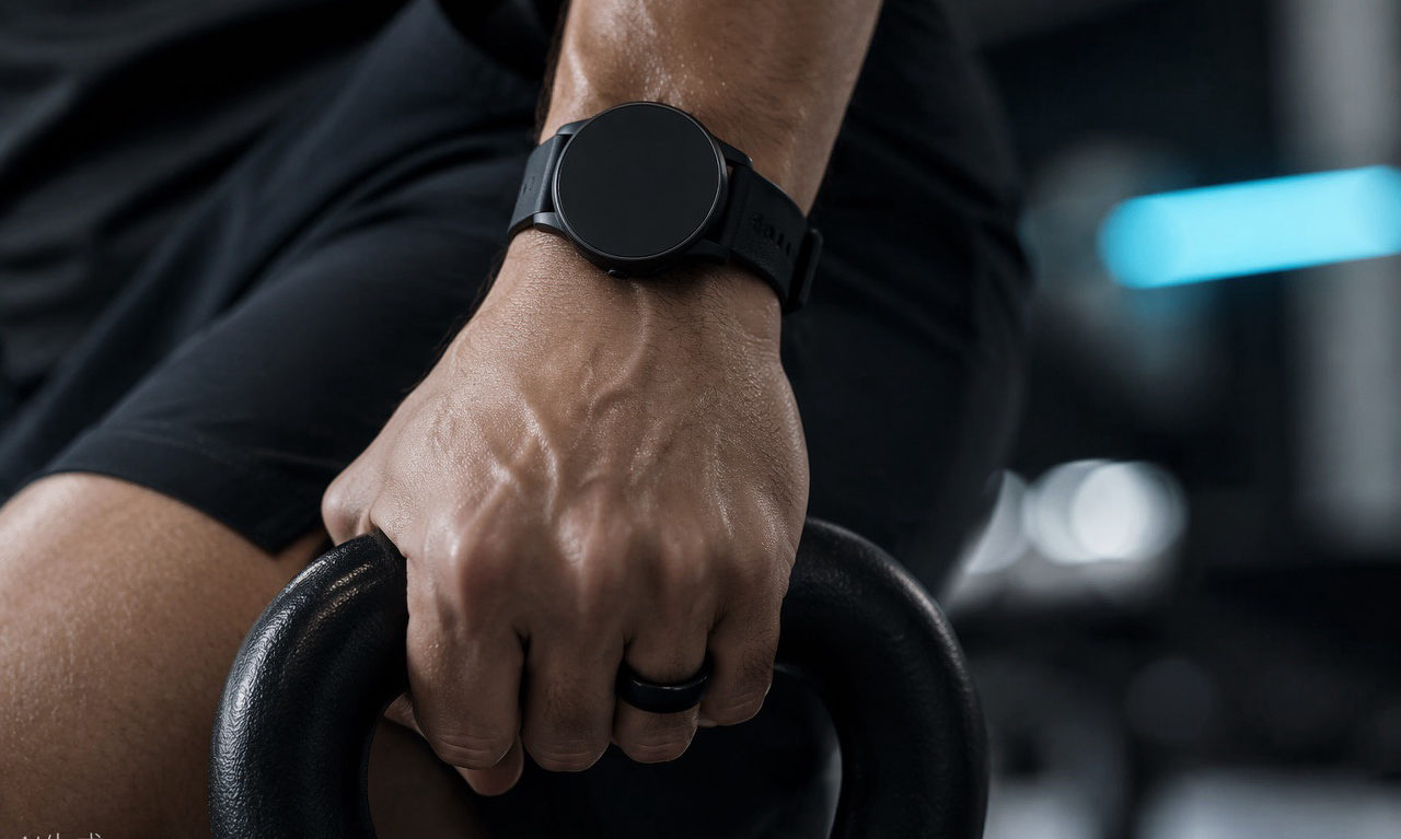 Close-up of a sports watch and smart ring on an athlete’s wrist