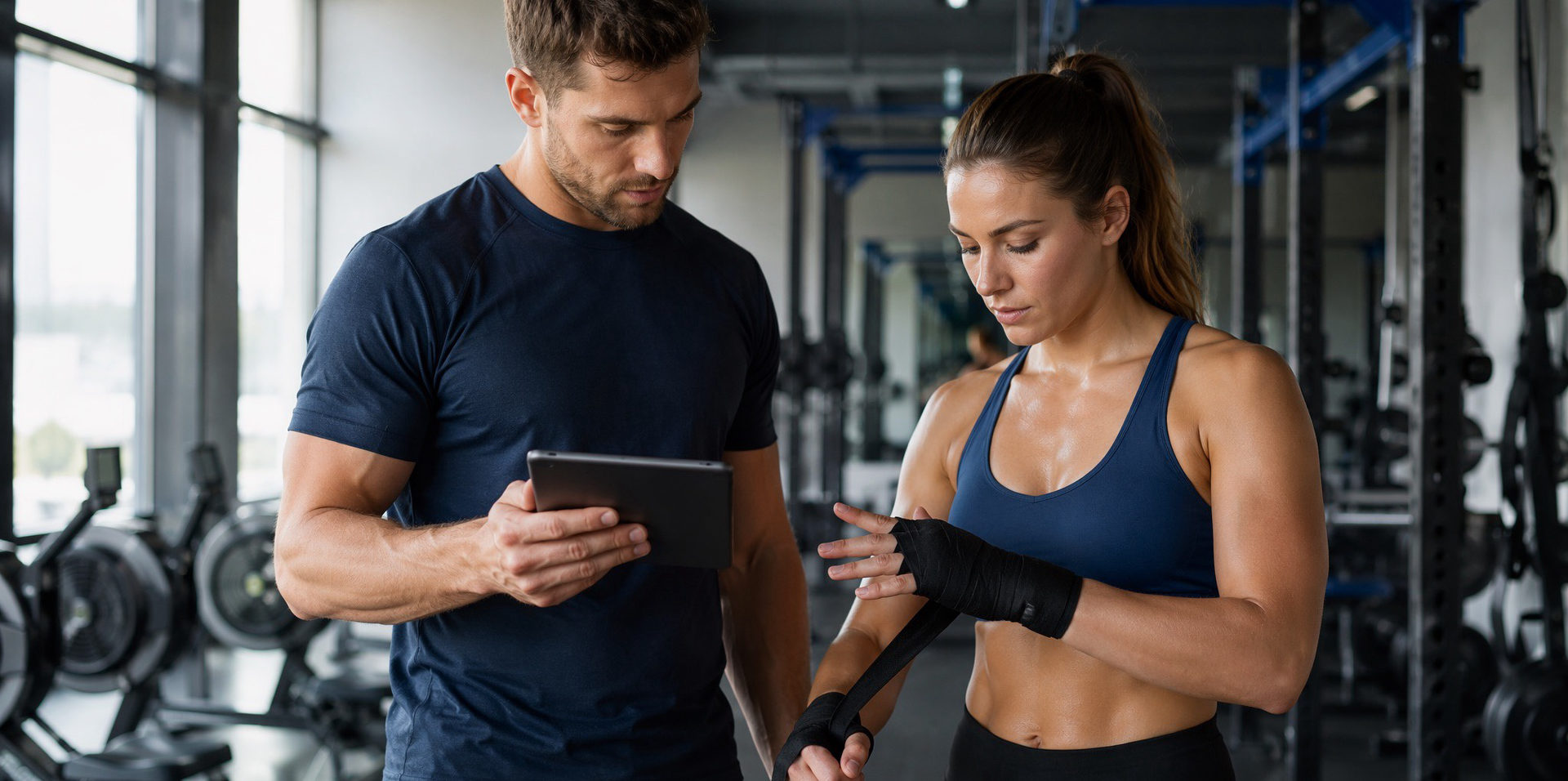 Coach reviewing a training plan on a tablet beside an athlete on the gym floor