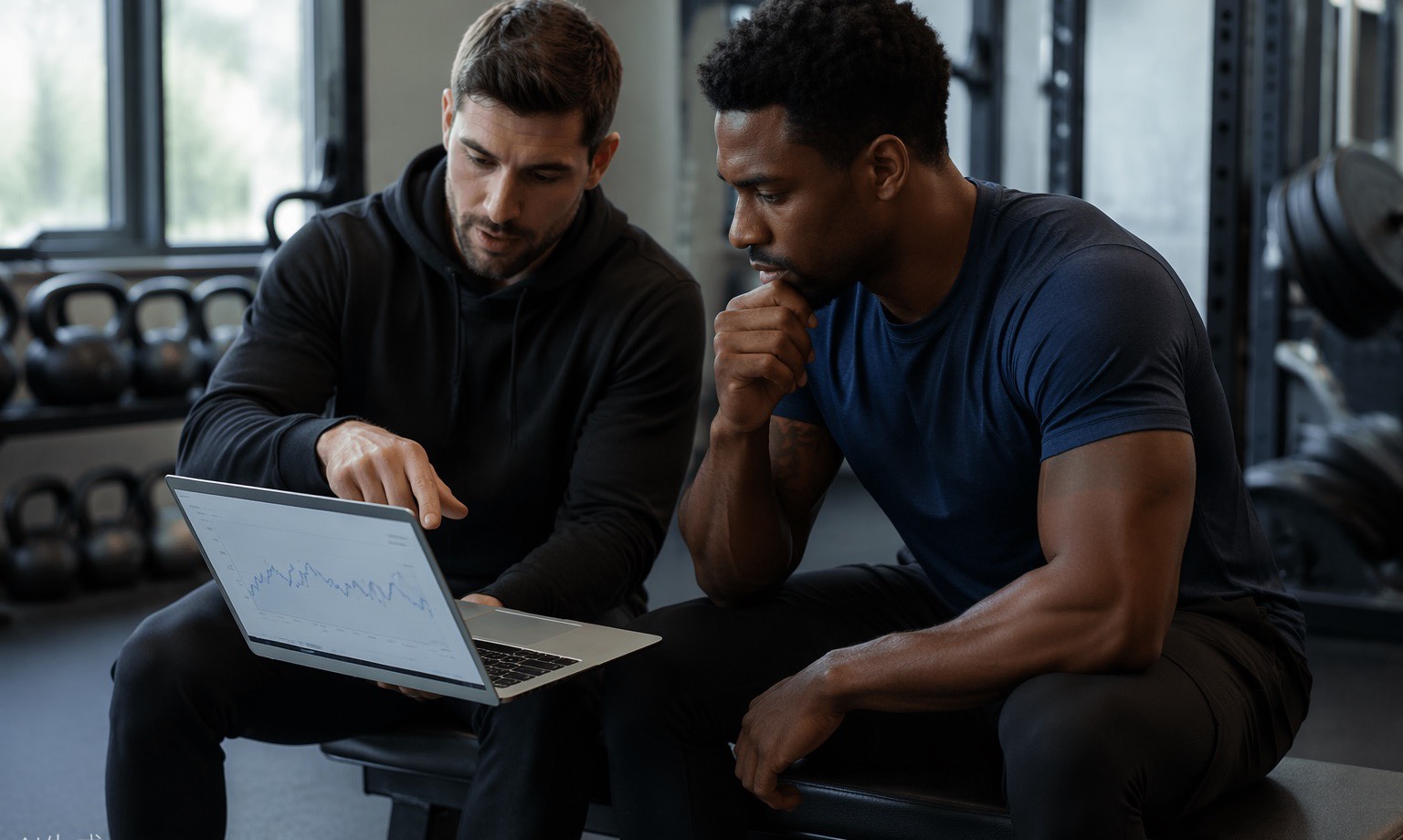 Coach and athlete reviewing training load charts on a laptop