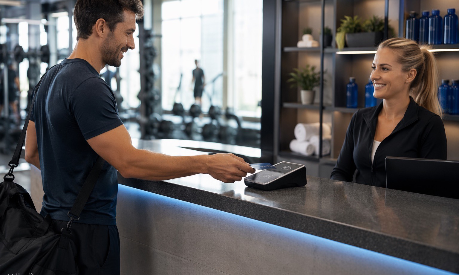 Member paying at the gym front desk with a contactless card