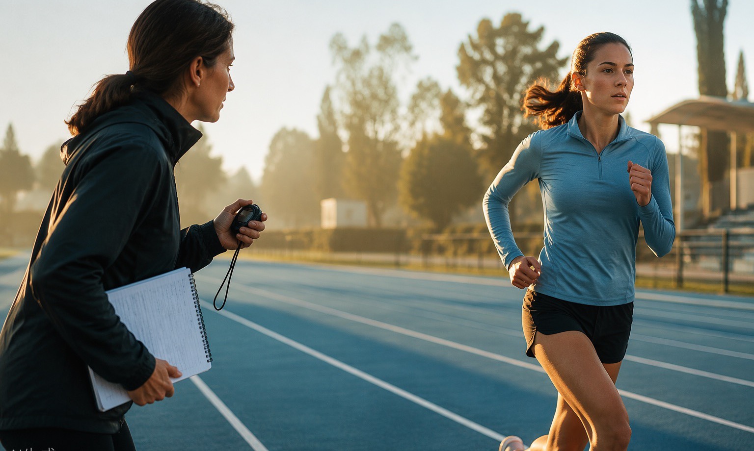 Coach timing an athlete's interval session outdoors