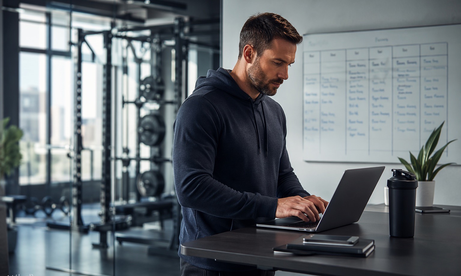 Coach writing a training program on a laptop