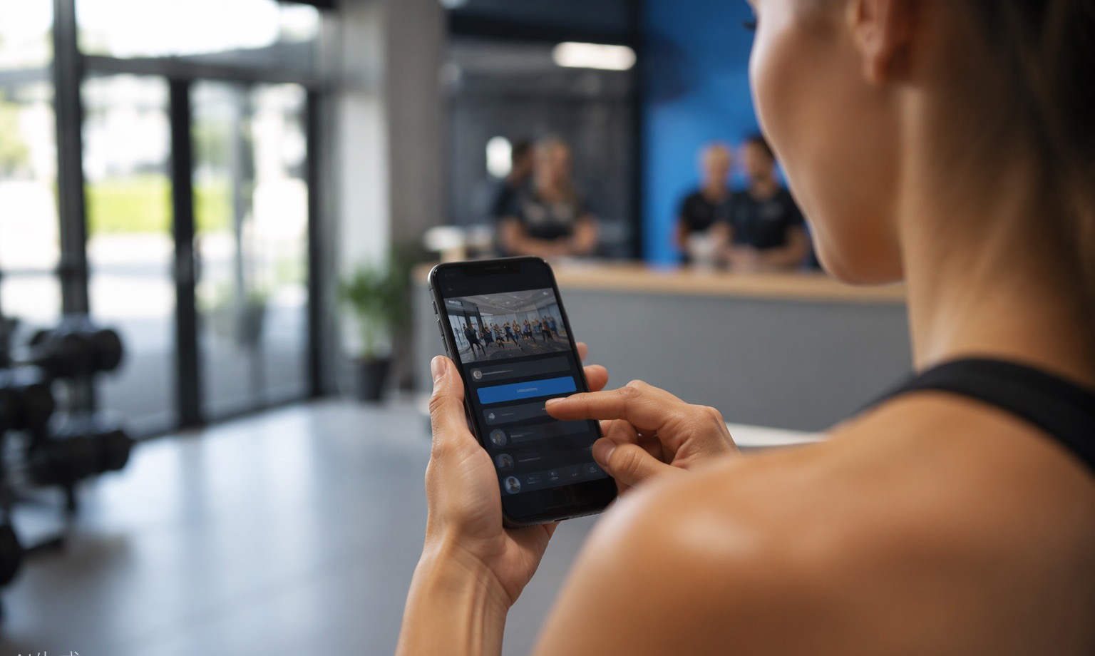Member booking a class from a phone at the gym entrance